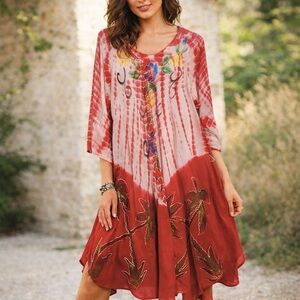SR Fashion Boho Dress Womens Free Size Red Tie Dye Floral Embroidered 3/4 Sleeve
